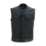 Men's Leather-Denim Combo Motorcycle  Vest - No Collar