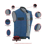 Men's Upgraded Broken Blue Denim Motorcycle Vest w/Leather Trimming