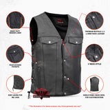 Men's Black Leather Vest with Side Laces and Smart Access Pockets