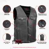 Men's Black Leather Vest with Side Laces and Smart Access Pockets
