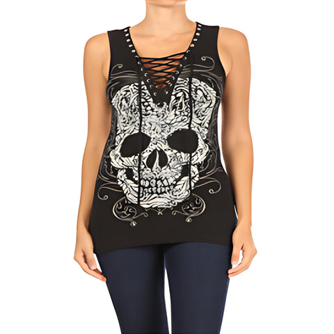 2225 BLACK Baroque Skull Graphic Tank Top