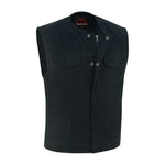 Mens Black Denim Motorcycle Vest with Concealed Snaps & Zipper