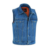 Blue Men's  denim motorcycle vest with Snap/Zipper Front