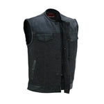 Men's Leather-Denim Combo Motorcycle  Vest - No Collar