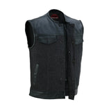 Men's Leather-Denim Combo Motorcycle  Vest - No Collar