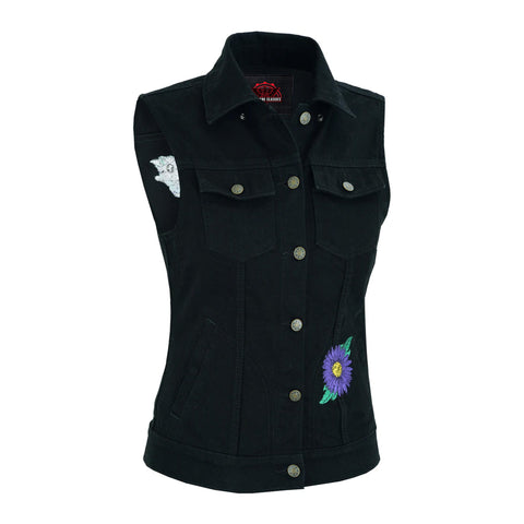 Women's Black Denim Snap Front Vest with Purple Daisy
