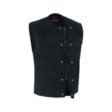 Mens Black Denim Motorcycle Vest with Concealed Snaps & Zipper
