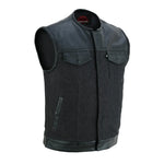 Men's Leather-Denim Combo Motorcycle  Vest - No Collar