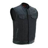 Men's Leather-Denim Combo Motorcycle  Vest - No Collar