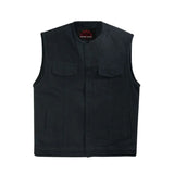 Mens Black Denim Motorcycle Vest with Concealed Snaps & Zipper