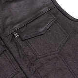 Men's Leather-Denim Combo Motorcycle  Vest - No Collar