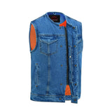 Mens Blue Denim Motorcycle Vest with Concealed Snaps & Zipper