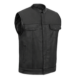 Highway Jack Men's Black Leather Motorcycle Vest Scoop Neck & Snap-Closure Pockets