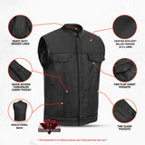 Highway Jack Men's Black Leather Motorcycle Vest Scoop Neck & Snap-Closure Pockets