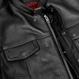 Highway Jack Men's Black Leather Motorcycle Vest Scoop Neck & Snap-Closure Pockets