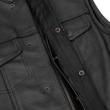 Highway Jack Men's Black Leather Motorcycle Vest Scoop Neck & Snap-Closure Pockets