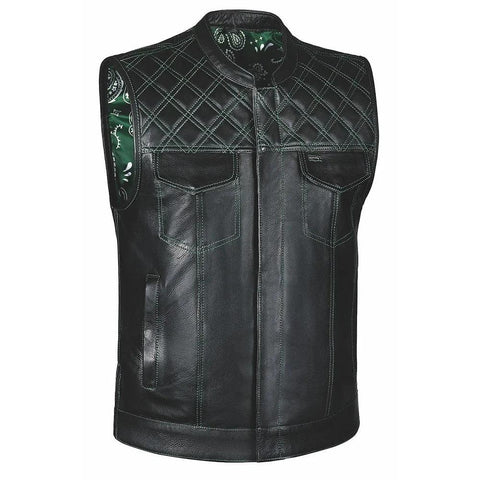 Green Diamond - Unik Mens Premium Leather Diamond Stitch Club Vest