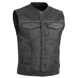 Men's Leather-Denim Combo Motorcycle  Vest - No Collar