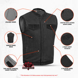 Men's Upgraded Rough Rub-Off Denim Motorcycle Vest w/Leather Trim