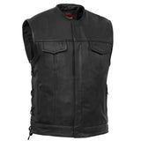 Men's Combat Black motorcycle Leather Vest - Gun Pockets & Side Laces