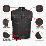 Men's Leather-Denim Combo Motorcycle Vest w/ Scoop Collar