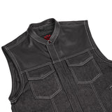 Men's Leather-Denim Combo Motorcycle Vest w/ Scoop Collar