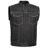 Men's Leather-Denim Combo Motorcycle Vest w/ Scoop Collar