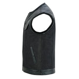 Men's Leather-Denim Combo Motorcycle  Vest - No Collar