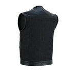 Men's Leather-Denim Combo Motorcycle  Vest - No Collar