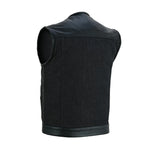 Men's Leather-Denim Combo Motorcycle  Vest - No Collar
