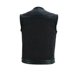 Men's Leather-Denim Combo Motorcycle  Vest - No Collar