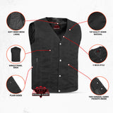 Men's Black Plain sides Denim Motorcycle Vest –  Heavy Snaps
