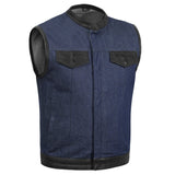 Men's Upgraded Broken Blue Denim Motorcycle Vest w/Leather Trimming