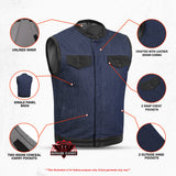 Men's Upgraded Broken Blue Denim Motorcycle Vest w/Leather Trimming