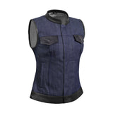 Women's Broken Blue Rough Rub-Off Raw Finish Denim Vest W/Leath