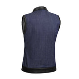 Women's Broken Blue Rough Rub-Off Raw Finish Denim Vest W/Leath