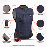 Women's Broken Blue Rough Rub-Off Raw Finish Denim Vest W/Leath