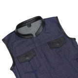 Women's Broken Blue Rough Rub-Off Raw Finish Denim Vest W/Leath