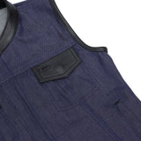 Women's Broken Blue Rough Rub-Off Raw Finish Denim Vest W/Leath