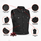Snap Front Men's Denim Motorcycle Vest  - Black