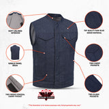 Men's Blue Rough Rub-Off Raw Finish Denim Vest