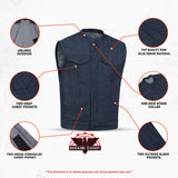 Men's Blue Rough Rub-Off Raw Finish Denim Vest