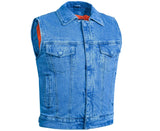 Blue Men's  denim motorcycle vest with Snap/Zipper Front