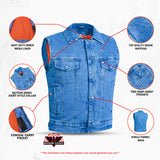 Blue Men's  denim motorcycle vest with Snap/Zipper Front
