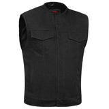 Mens Black Denim Motorcycle Vest with Concealed Snaps & Zipper