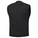Mens Black Denim Motorcycle Vest with Concealed Snaps & Zipper