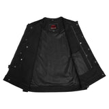 Mens Black Denim Motorcycle Vest with Concealed Snaps & Zipper