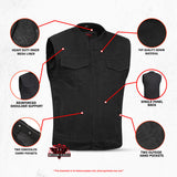 Mens Black Denim Motorcycle Vest with Concealed Snaps & Zipper