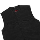 Mens Black Denim Motorcycle Vest with Concealed Snaps & Zipper