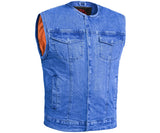 Mens Blue Denim Motorcycle Vest with Concealed Snaps & Zipper